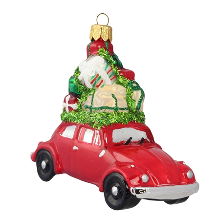 Petite voiture rouge de Noël en verre avec des cadeaux de Glassor